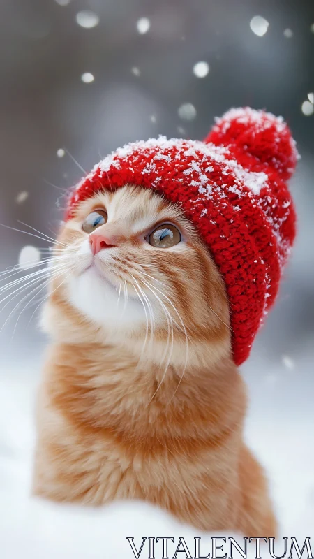 Feline Subject Wearing Snow-Laden Red Knit Pompom Beanie in Winter Bokeh Environment