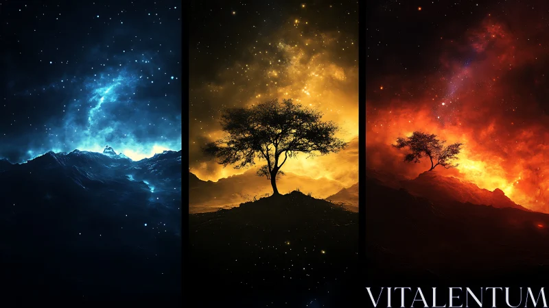 Triptych cosmic landscapes with silhouetted arboreal forms.