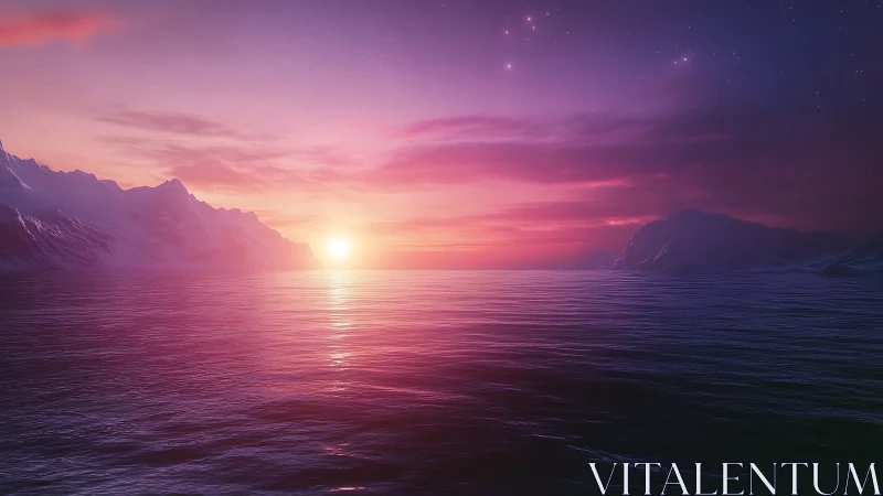Radiant alien ocean sunset glows beneath violet skies.