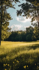 Golden meadow glows beneath tall framing trees at dusk.