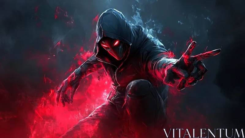 Hooded red energy figure crouching in dark smoke field.