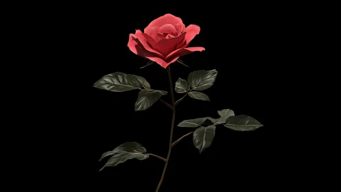 Red Rose with Verdant Foliage on Black Background.