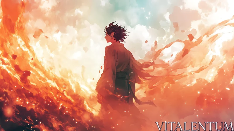 Solitary anime figure within swirling fiery cloud vortex