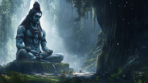 Large meditative deity figure in misty forest canyon setting.