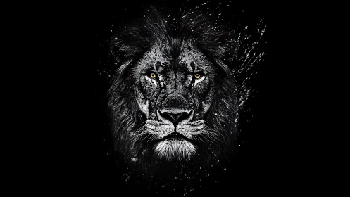 Lion portrait rendered in monochrome digital splatter style