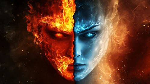 Elemental split face with fire and ice opposing sides.