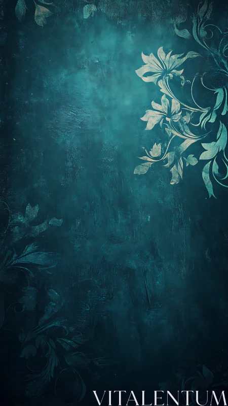 Teal textured background with subtle decorative floral pattern.