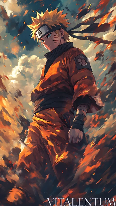 Dynamic anime warrior in orange robe amid swirling embers and clouds