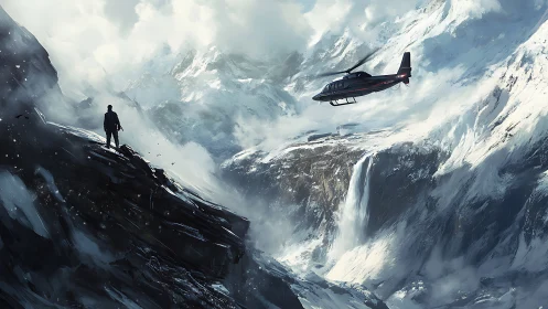 Mountain explorer greets a rescue helicopter in icy courage