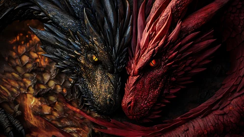 Two opposing dragons face each other in close profile