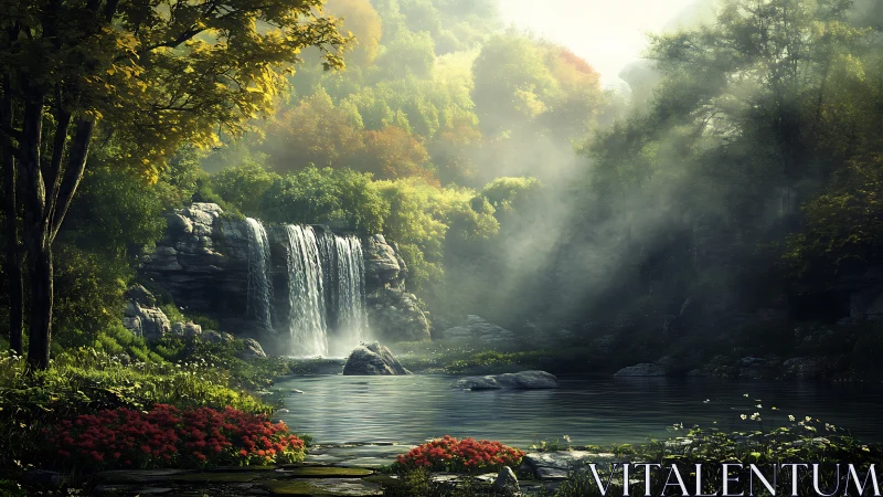 Whispering waterfall glade soaked in storybook morning light.