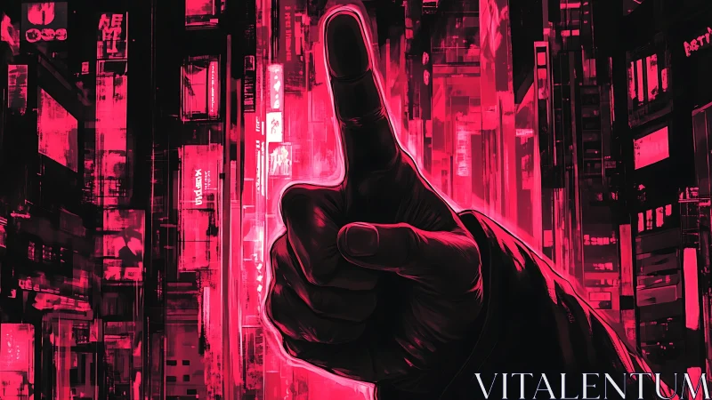 Cyber hand commands neon skyline in stark crimson glow.
