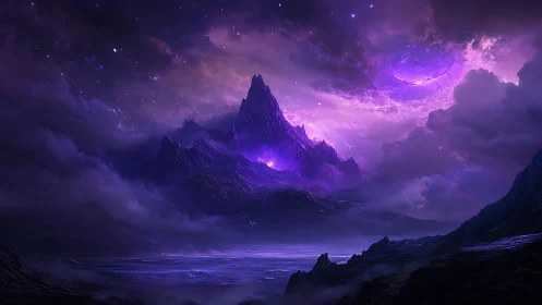 Mountainous landscape is illuminated by a violet celestial sky