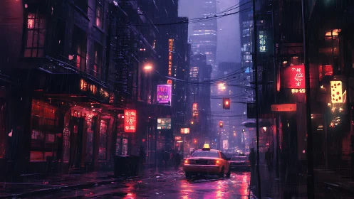 Neon taxi navigates rain-soaked cyberpunk street canyon at dusk