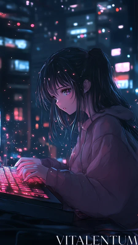Midnight coder girl awash in neon embers and quiet focus.