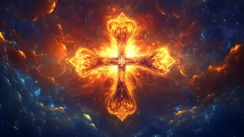 Luminous fiery cross suspended in nebular deep space field