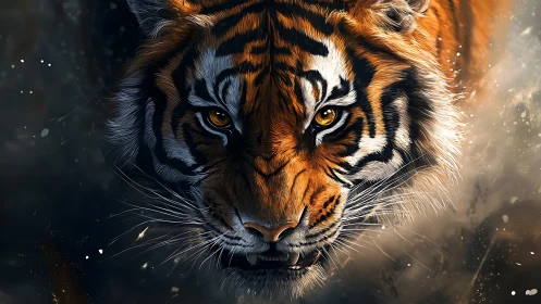 Hyperreal frontal tiger portrait with dynamic bokeh dust field