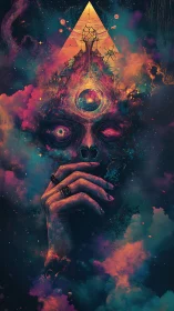Psychedelic astral visage with geometric third-eye convergence.
