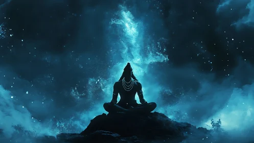 Silhouetted deity in cosmic meditation, luminous nebular backdrop.