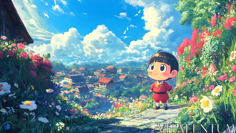 Anime village vista with floral foreground and child figure.