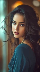 Softly lit portrait of elegant woman in teal dress at window.