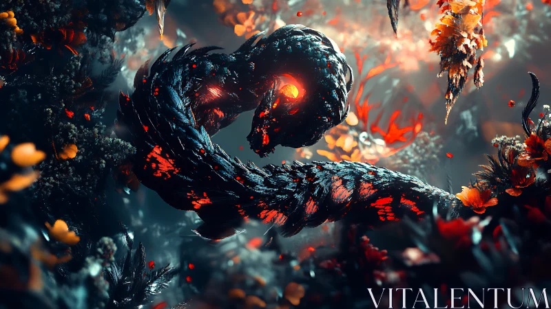 Serpentine fire spirit coils through a glowing alien forest