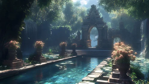 Lush temple water garden with volumetric lighting and stone arches