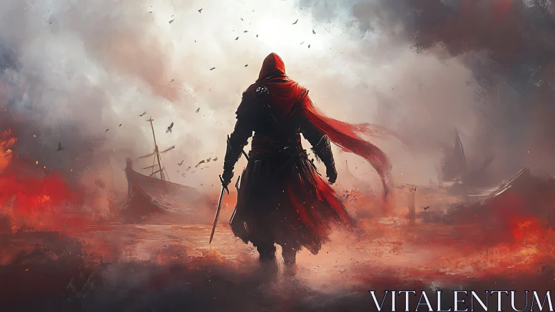 Lone red cloaked warrior strides through burning shoreline.