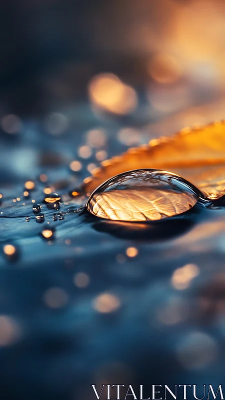 Macro view isolates water droplet resting on illuminated leaf
