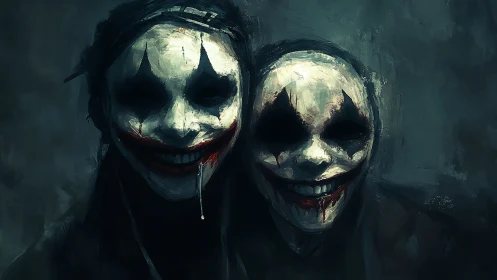 Two eerie clown faces with smeared blood and dark tones.