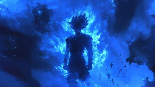 Electric blue warrior rising in a storm of cosmic energy.