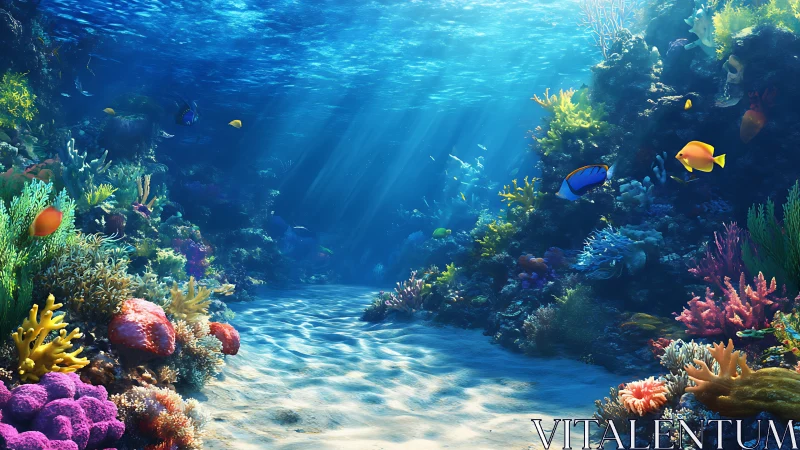 Sunlit coral canyon hums softly with neon drifting fish
