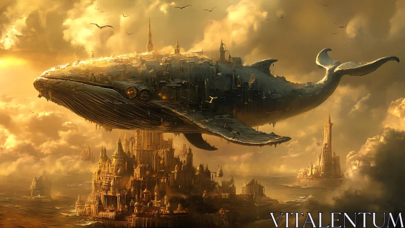 Floating architectural whale structure traverses cloudy skyline