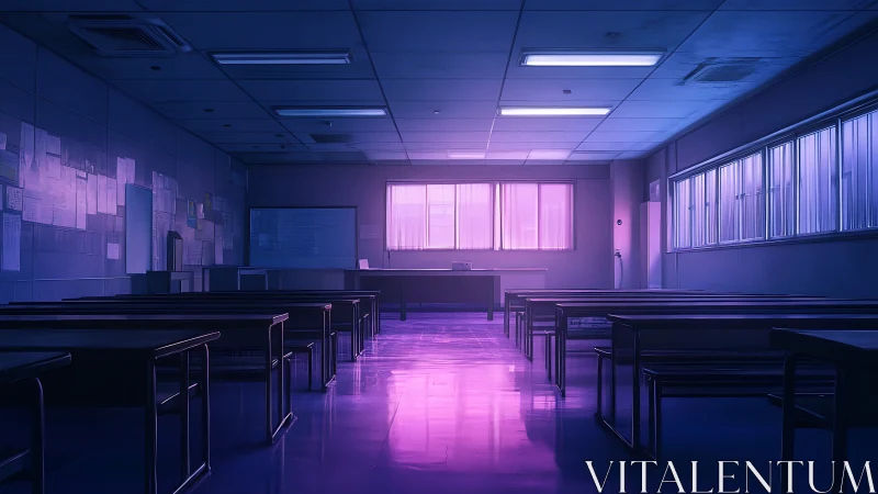 Empty neon-lit classroom holds a quiet, reflective calm