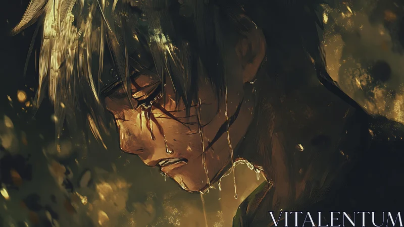 Side profile of wet-haired youth in dim golden light.