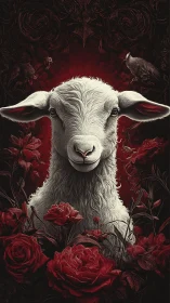 Gentle white lamb surrounded by deep crimson roses.