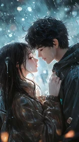 Digital painting of romantic couple embracing in rainstorm.