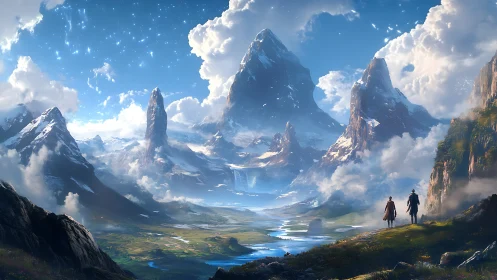 Epic fantasy mountain vista with travelers in painterly light.