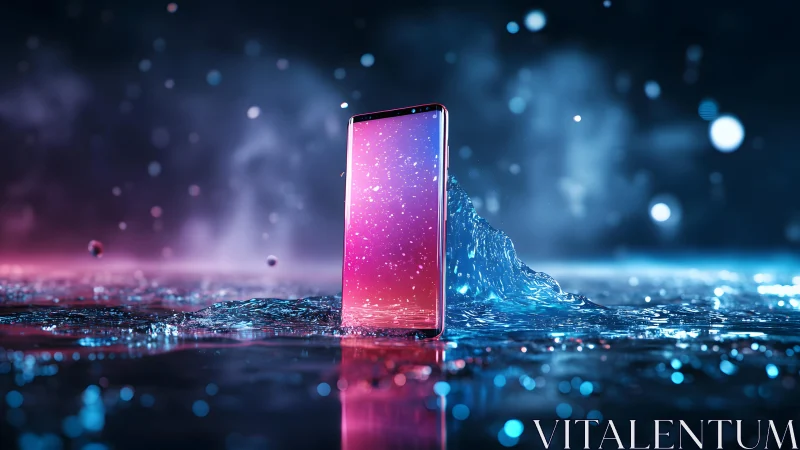 Modern smartphone standing upright in water, futuristic lighting. Modern smartphone standing upright in water, futuristic lighting.