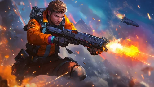 Sci fi soldier fires rifle over burning futuristic cityscape.