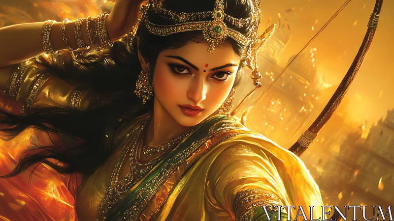 Female archer in ornate attire stands before glowing cityscape