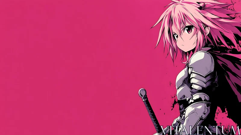 Pink haired anime knight resting quietly with drawn sword.