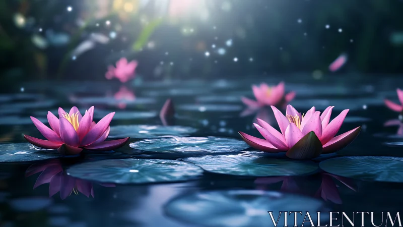 Ethereal Pink Lotus Flowers Floating in Serene Waters.