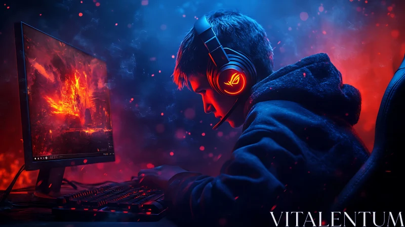 Focused gamer leans into battle under neon red and blue light