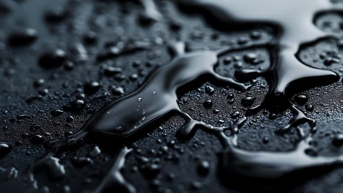 Macro shot isolates glossy liquid ripples on dark surface