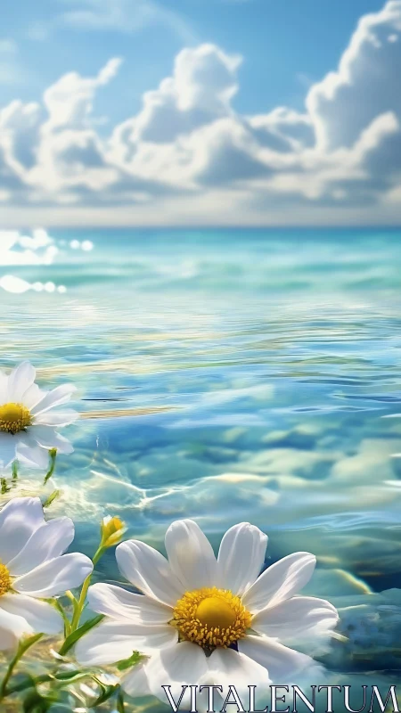 Daisies drift across crystal lagoon under radiant cloud sky.