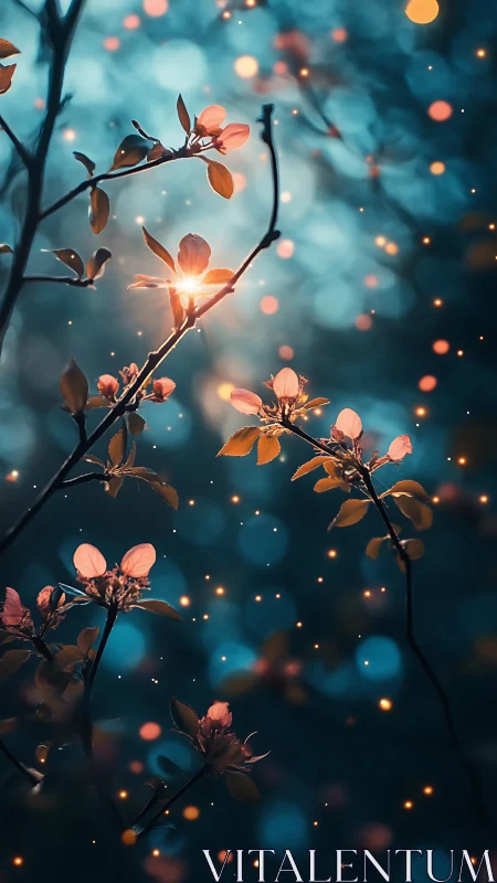 Backlit blossoms with shallow depth, bokeh and particle glow