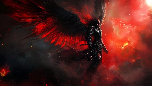 Fierce winged warrior rising through glowing crimson storm.