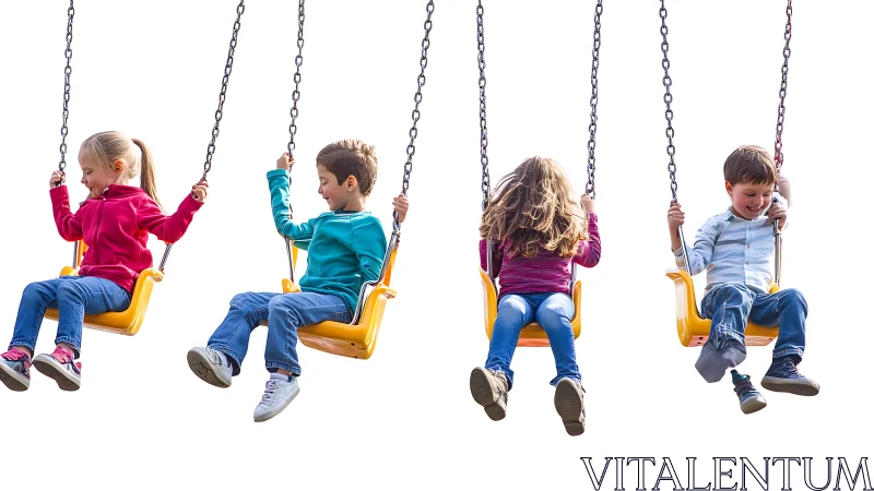 Four children on playground swings with chain suspension equipment