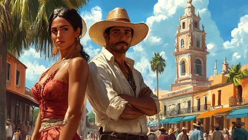 Elegant couple stands proud in a sunlit colonial plaza.